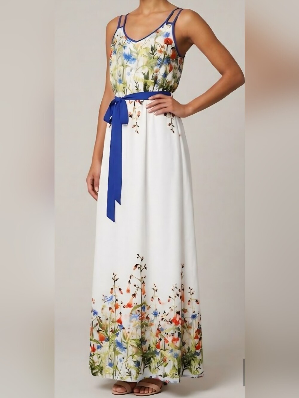Hello Miss Spaghetti Strap Wearable Art Maxi Dress / Sz S / Off white, floral